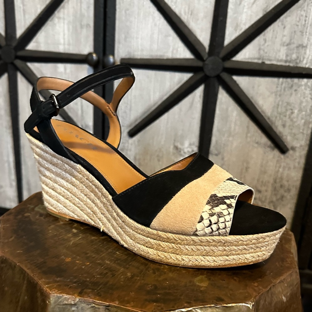 Coach Farren black suede and embossed snakeskin espadrille sz 9